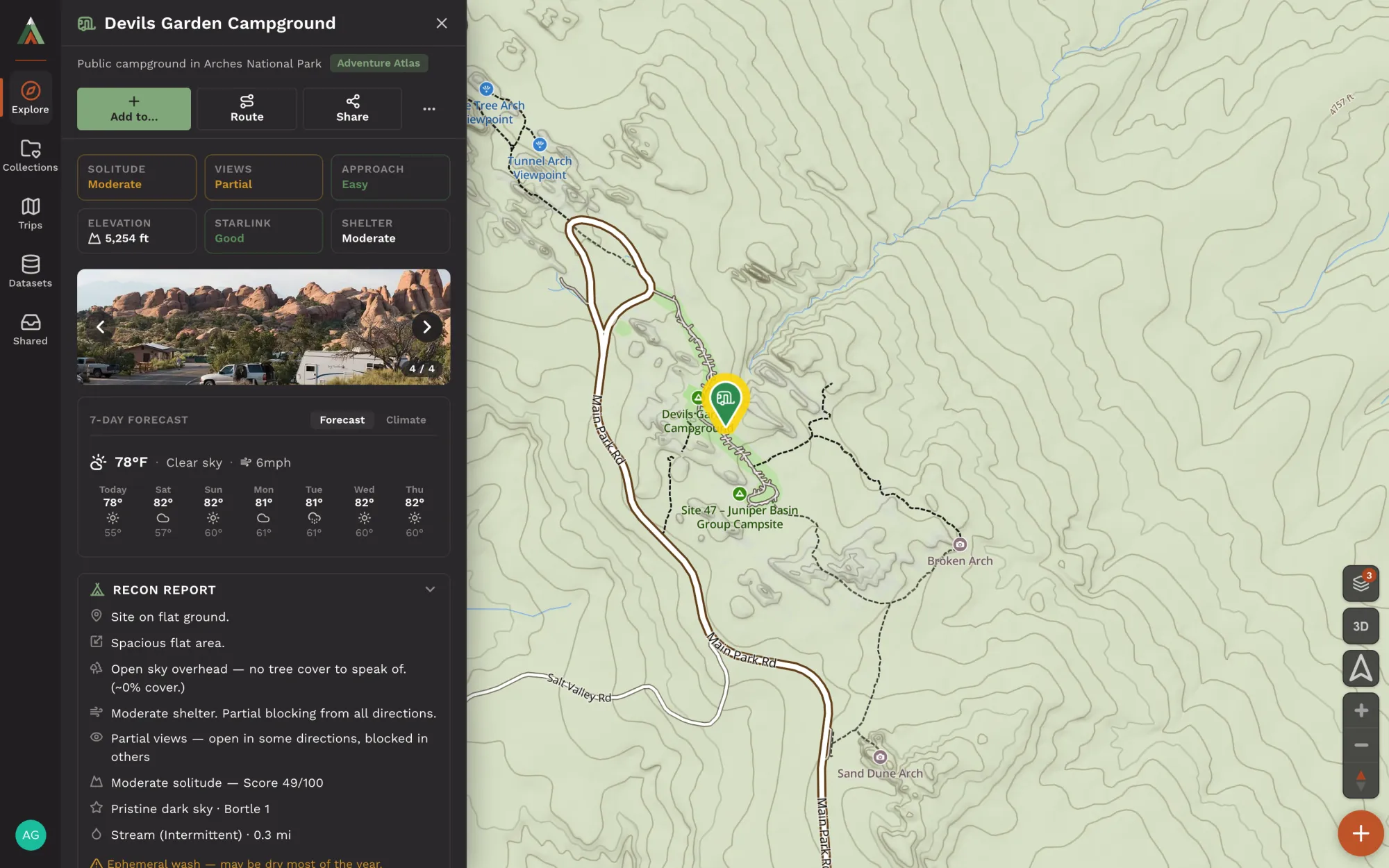 Devils Garden Campground in Arches National Park on the topo map, with Recreation.gov photos of red-rock fins and its recon report