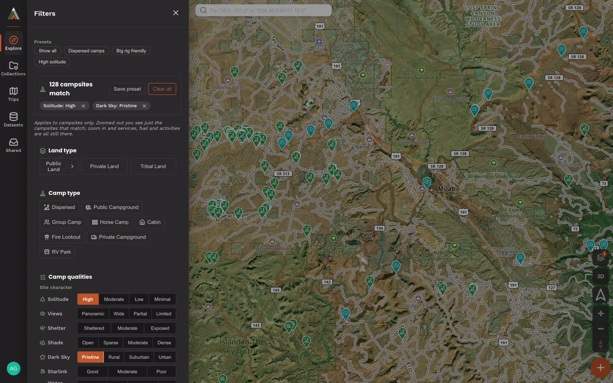 Plan for Adventure filters narrowing the map near Moab to 128 campsites with high solitude and pristine dark skies