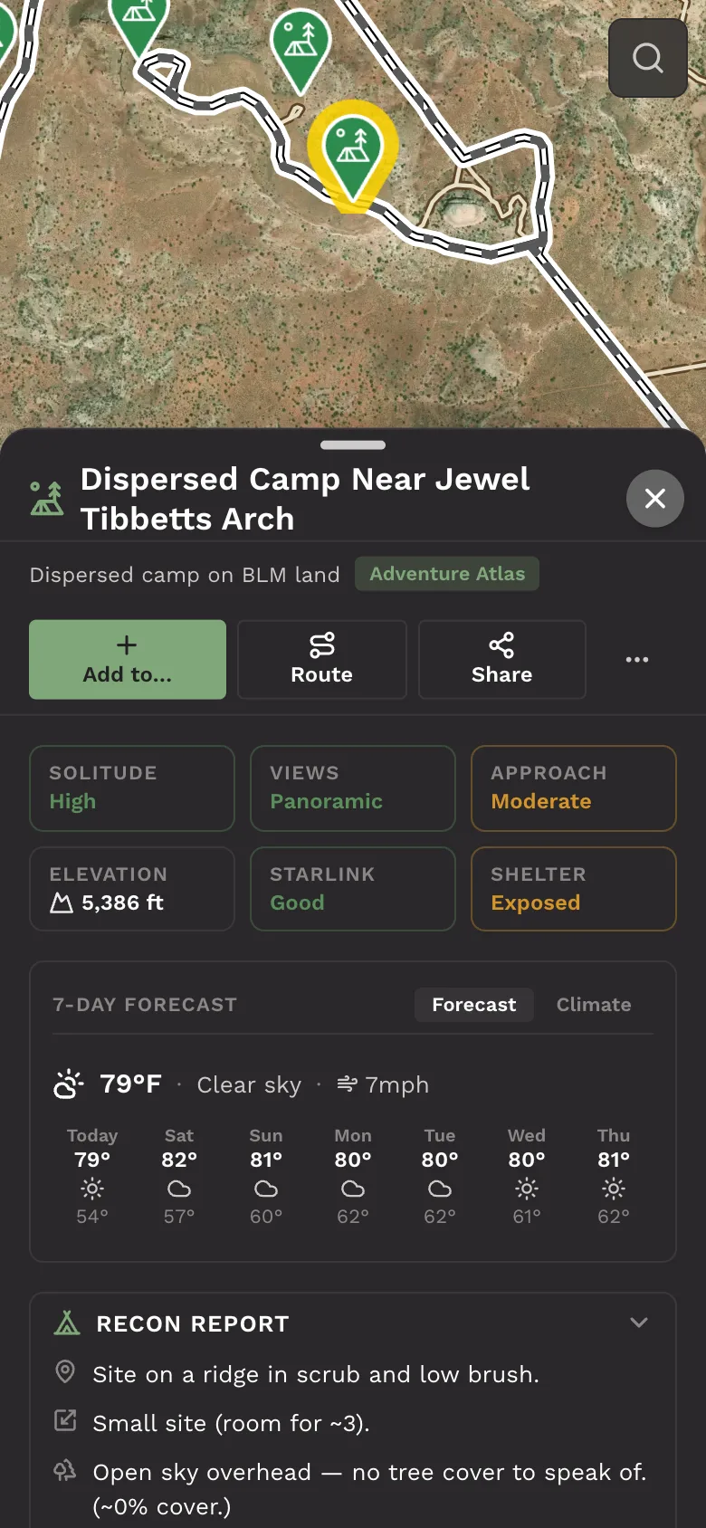 Plan for Adventure on a phone: a dispersed camp on BLM land near Moab with its recon report, forecast and route button