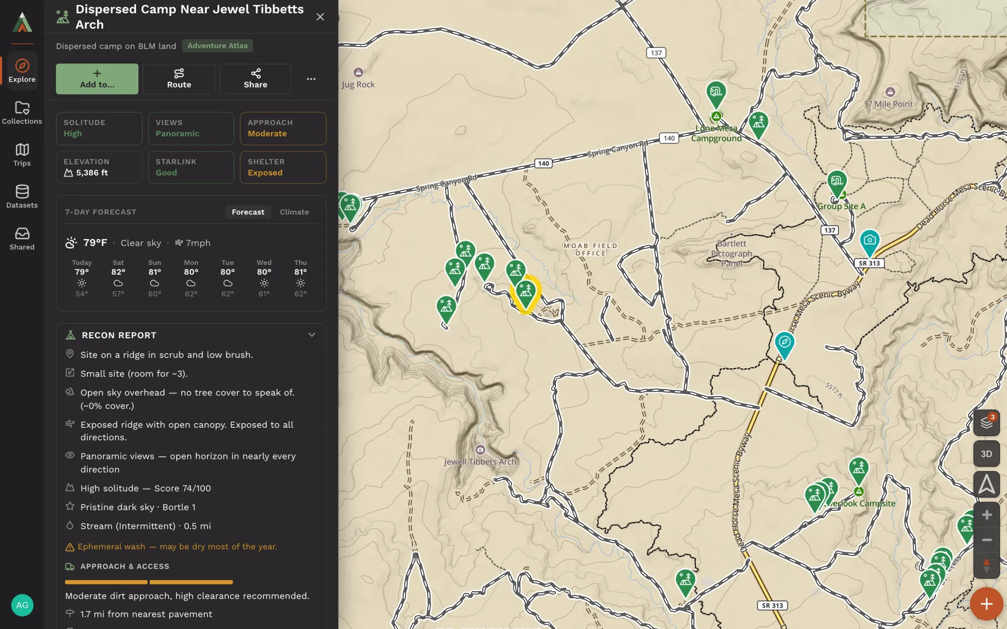 The recon report for a dispersed camp on BLM land near Moab: solitude, views, approach, forecast and site details, on the topo map