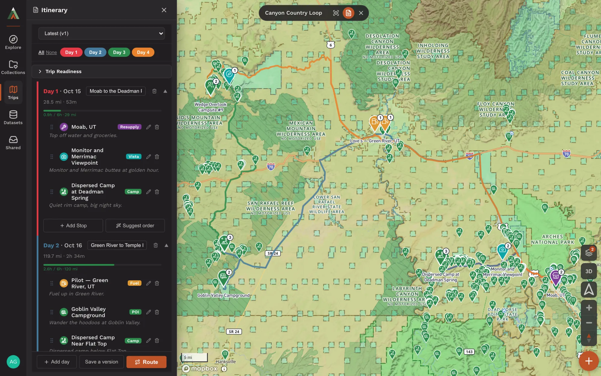 A four-day Canyon Country Loop from Moab through the San Rafael Swell: the itinerary by day with drive times, and each day's route drawn on the topo map